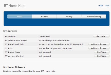 BT Home Hub Main Screen