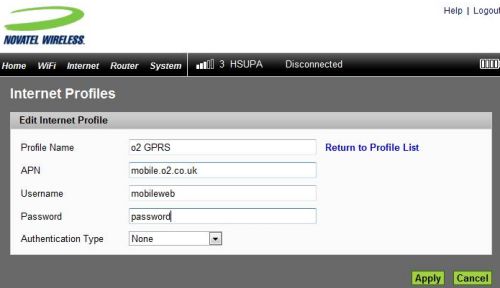 Novatel MiFi 2352 APN setup screen