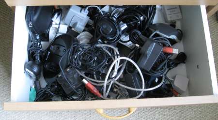 A drawer of wires and adapters