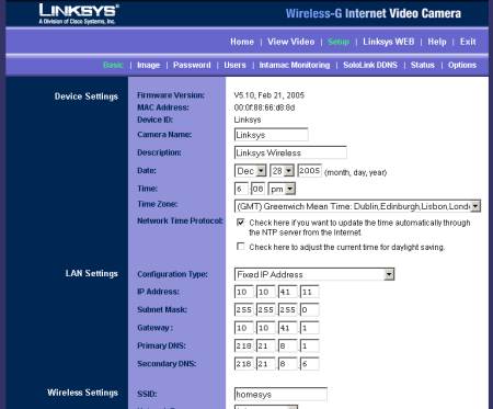 LinkSys Wireless-G camera admin screen